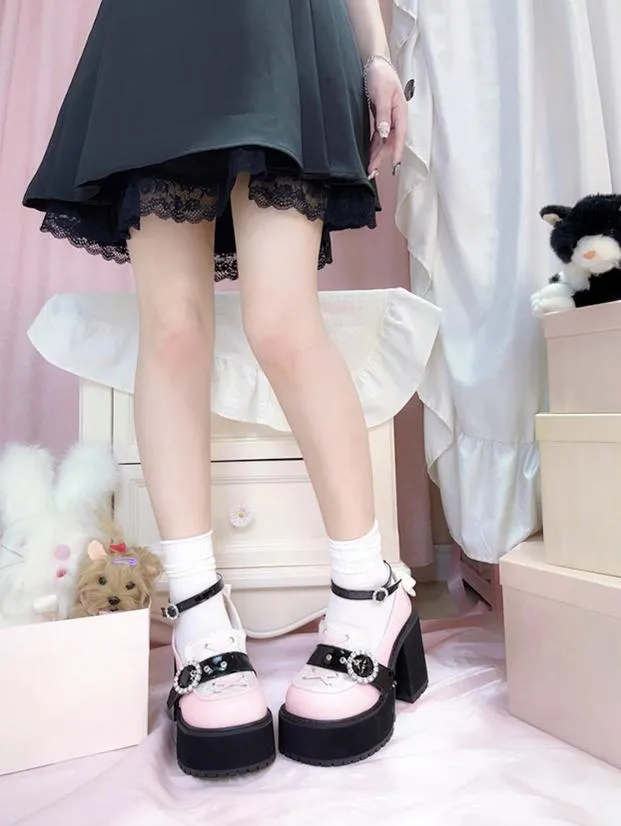 Jirai Kei Black/Pink Platform Shoes With Rhinestones