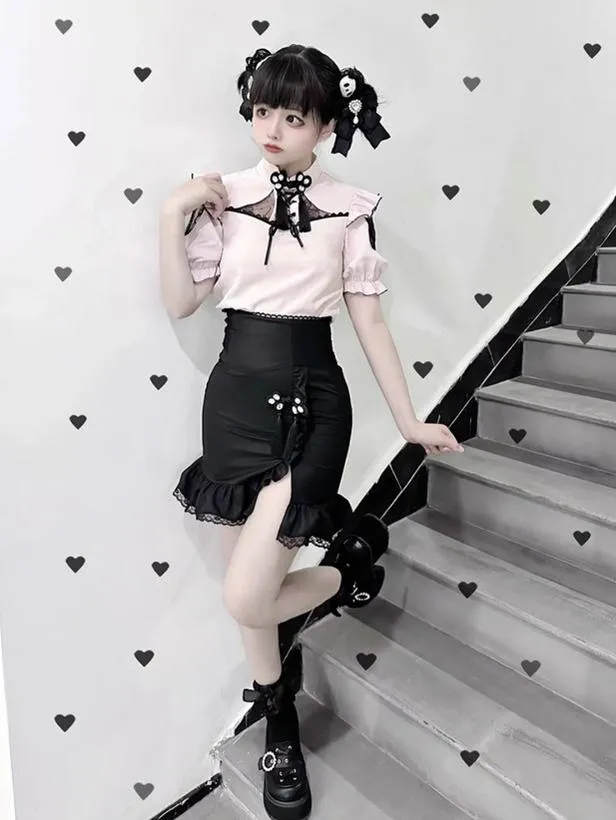 Jirai Kei Black/Pink Platform Shoes With Rhinestones