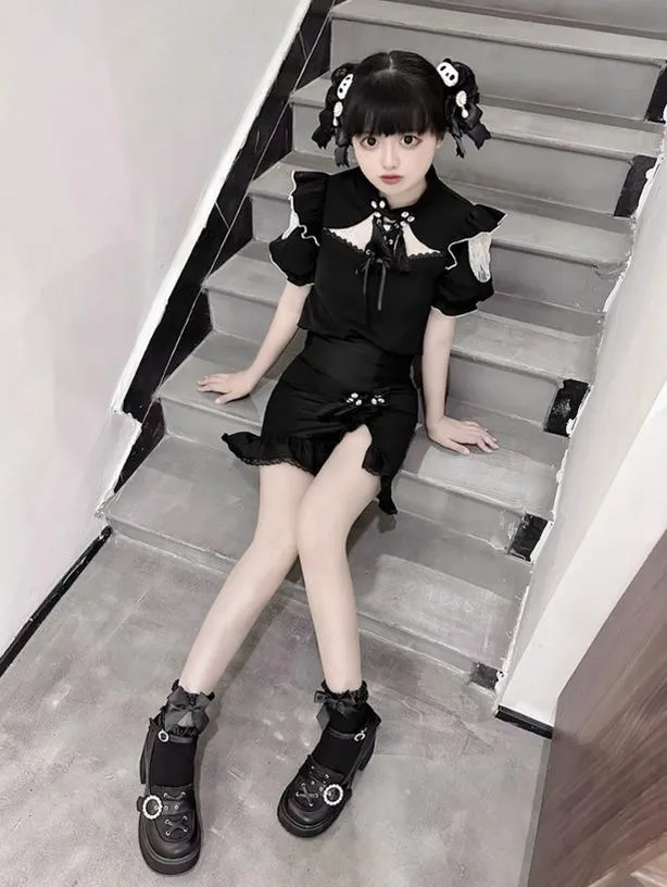 Jirai Kei Black/Pink Platform Shoes With Rhinestones