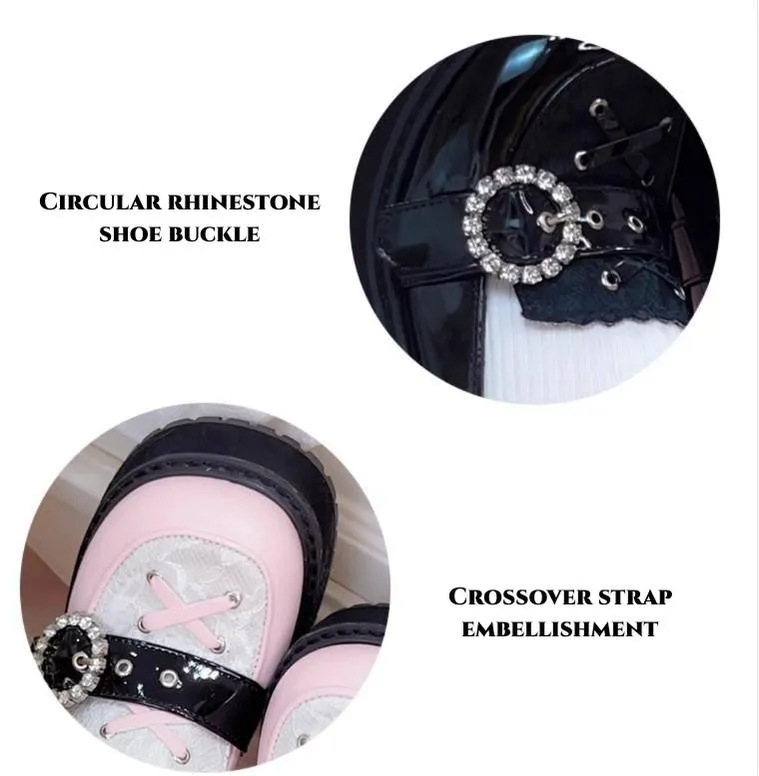 Jirai Kei Black/Pink Platform Shoes With Rhinestones