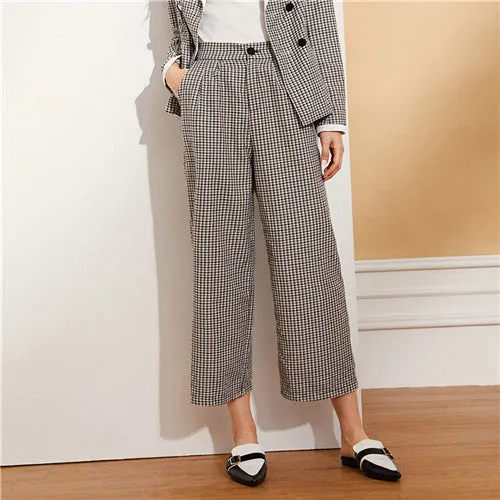 Khaki Double Breasted Notched Collar Plaid Blazer With Wide Leg Pants
