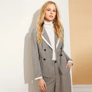 Khaki Double Breasted Notched Collar Plaid Blazer With Wide Leg Pants
