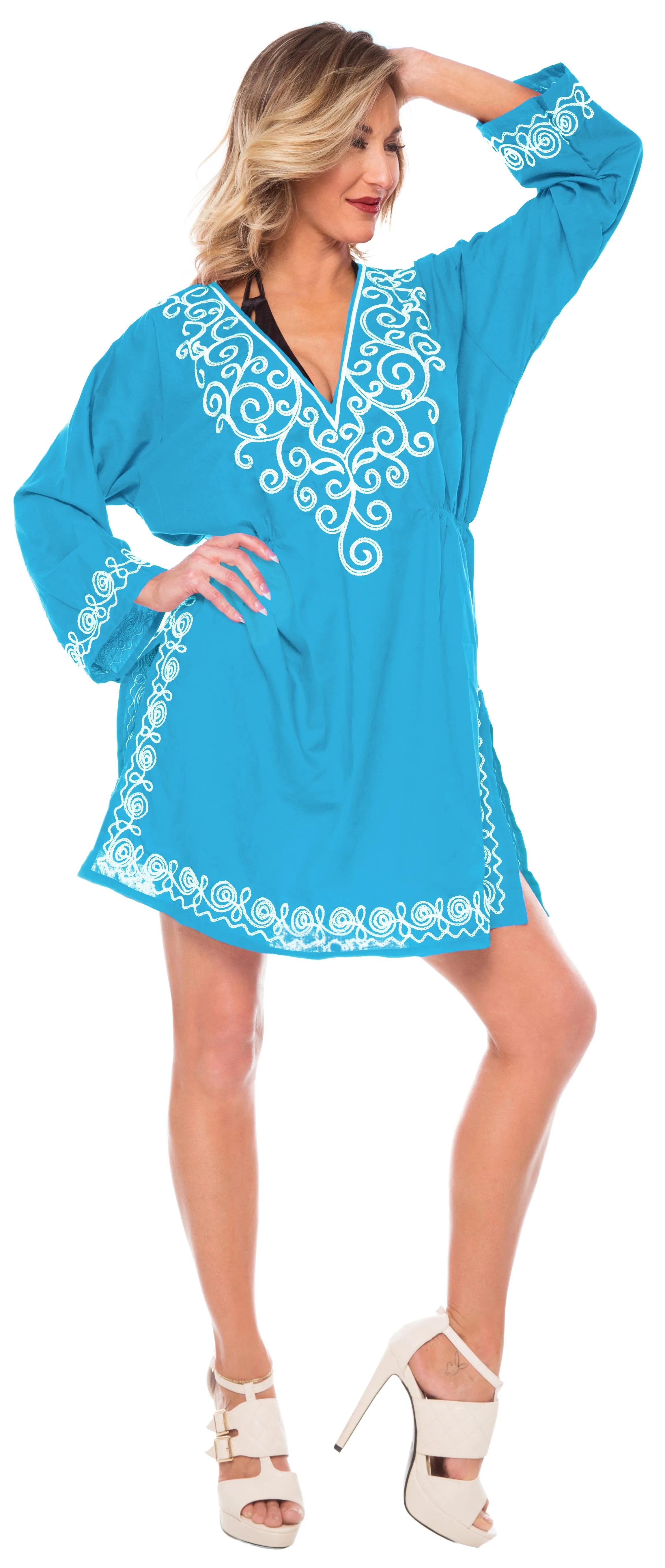 LA LEELA Women's Rayon Beachwear Bikini Swimwear Beach Club V-Neck Lace Cover Up Skirt Bathing Suit