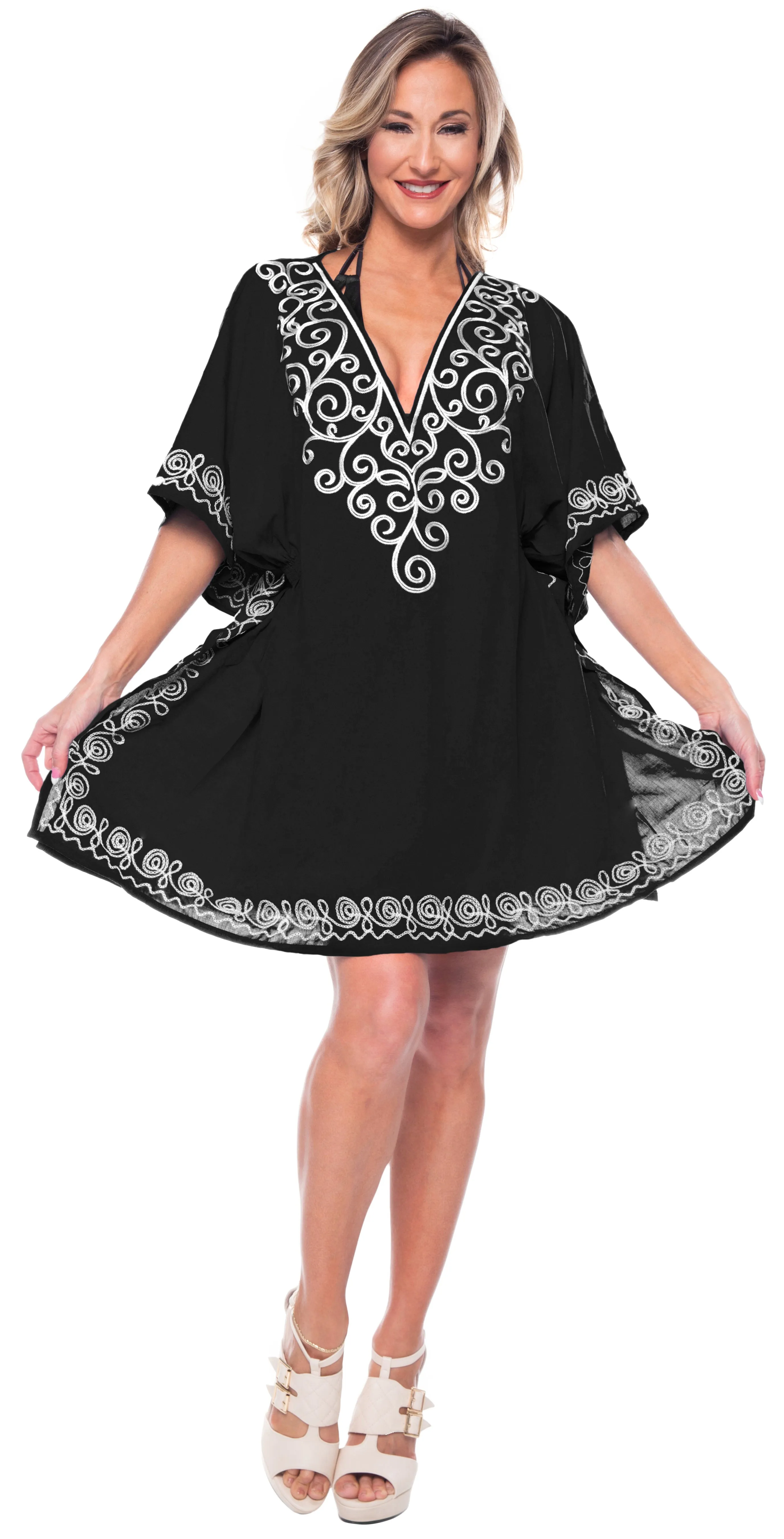 LA LEELA Women's Rayon Beachwear Bikini Swimwear Beach Club V-Neck Lace Cover Up Skirt Bathing Suit