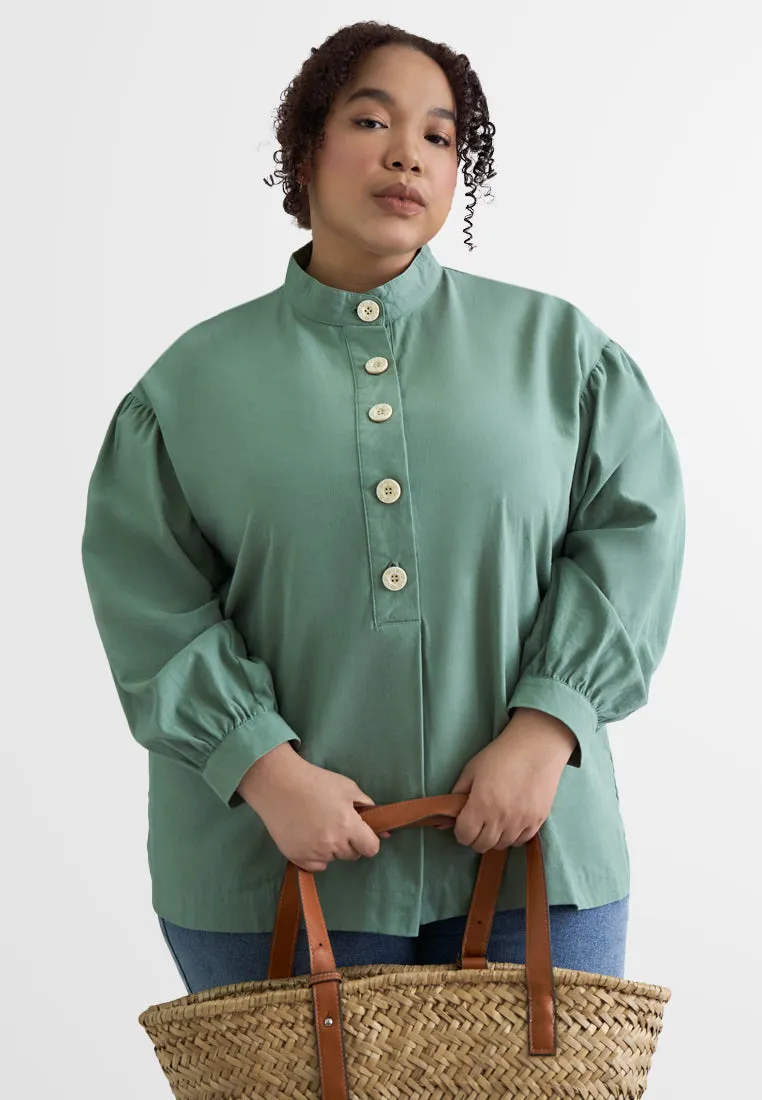 Lilo Tropical Escape Mandarin Collar Button Blouse