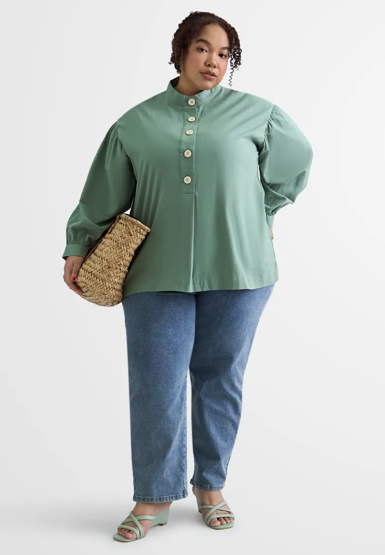 Lilo Tropical Escape Mandarin Collar Button Blouse