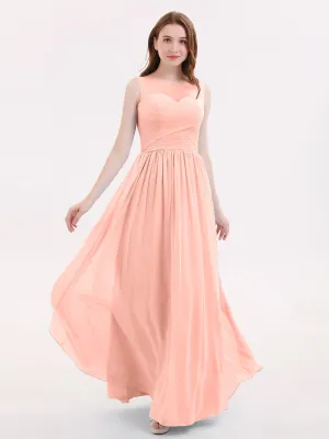 Long Chiffon Gowns with Illusion Neckline-Coral