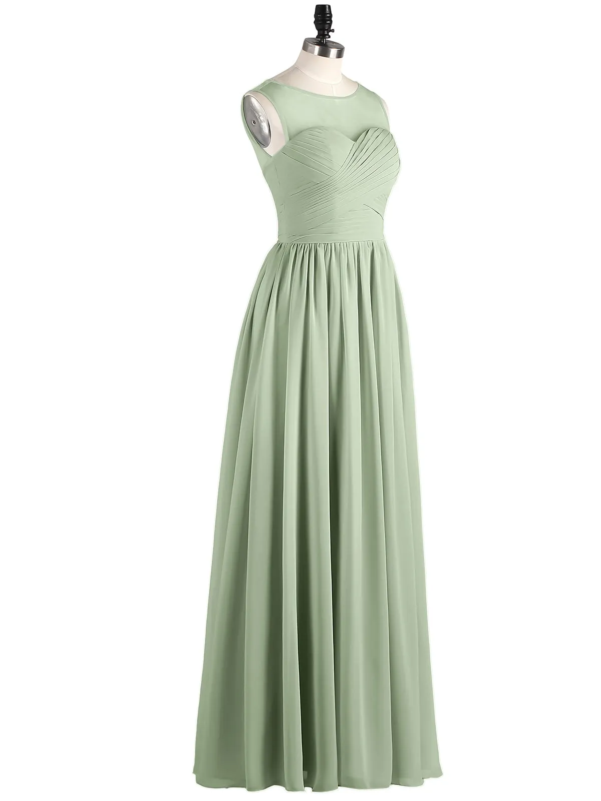 Long Chiffon Gowns with Illusion Neckline-Dusty Sage
