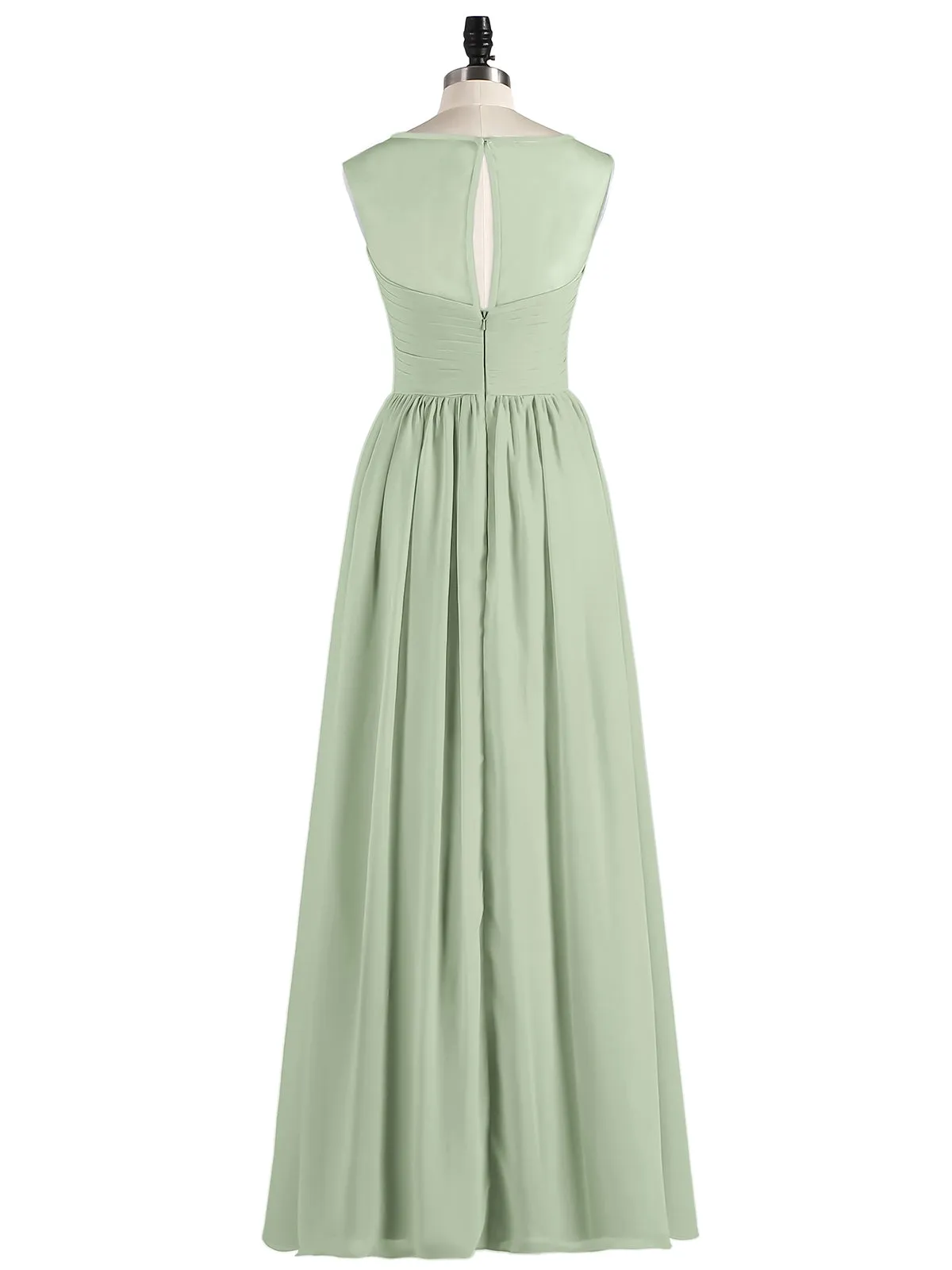 Long Chiffon Gowns with Illusion Neckline-Dusty Sage