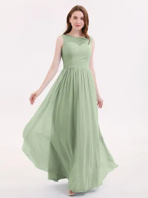 Long Chiffon Gowns with Illusion Neckline-Dusty Sage