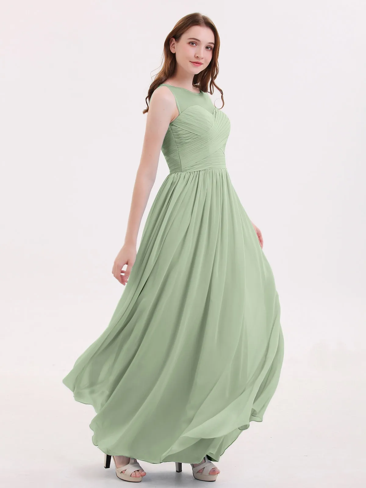 Long Chiffon Gowns with Illusion Neckline-Dusty Sage