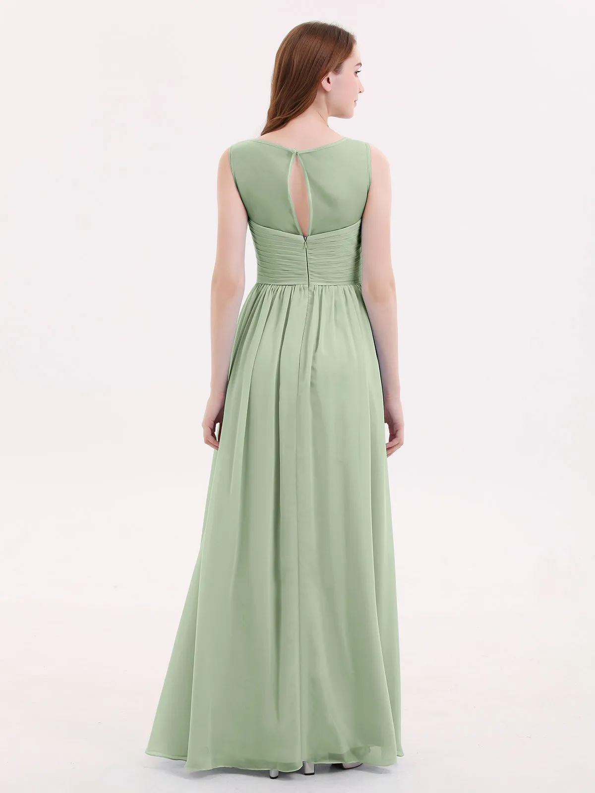 Long Chiffon Gowns with Illusion Neckline-Dusty Sage
