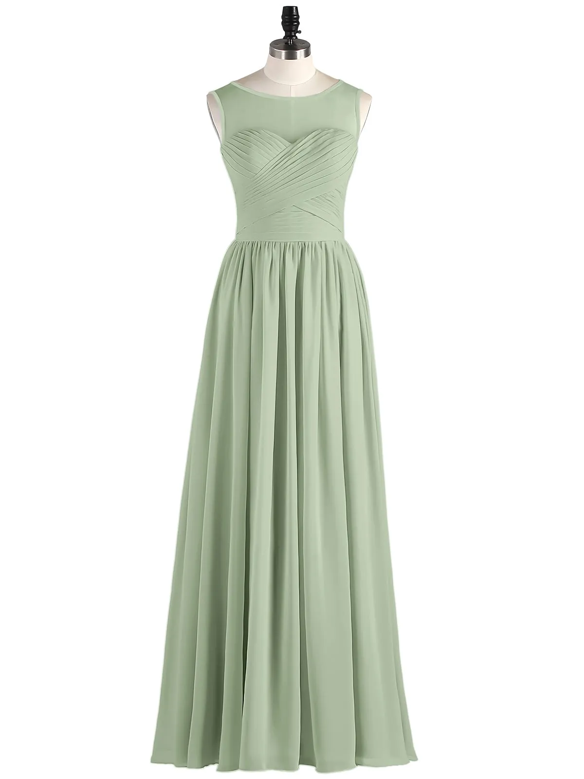 Long Chiffon Gowns with Illusion Neckline-Dusty Sage