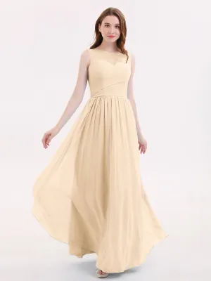 Long Chiffon Gowns with Illusion Neckline-Peach