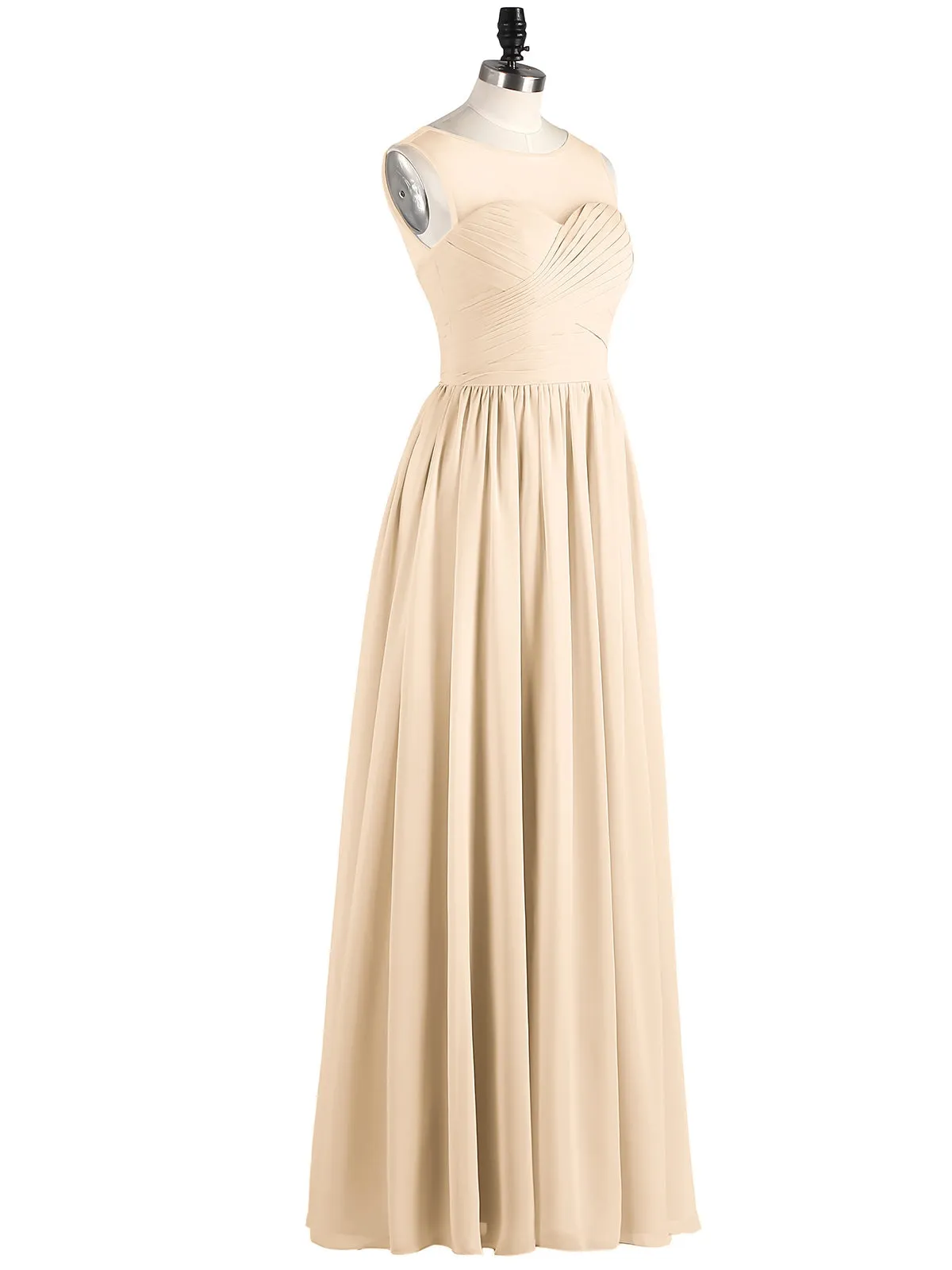 Long Chiffon Gowns with Illusion Neckline-Peach