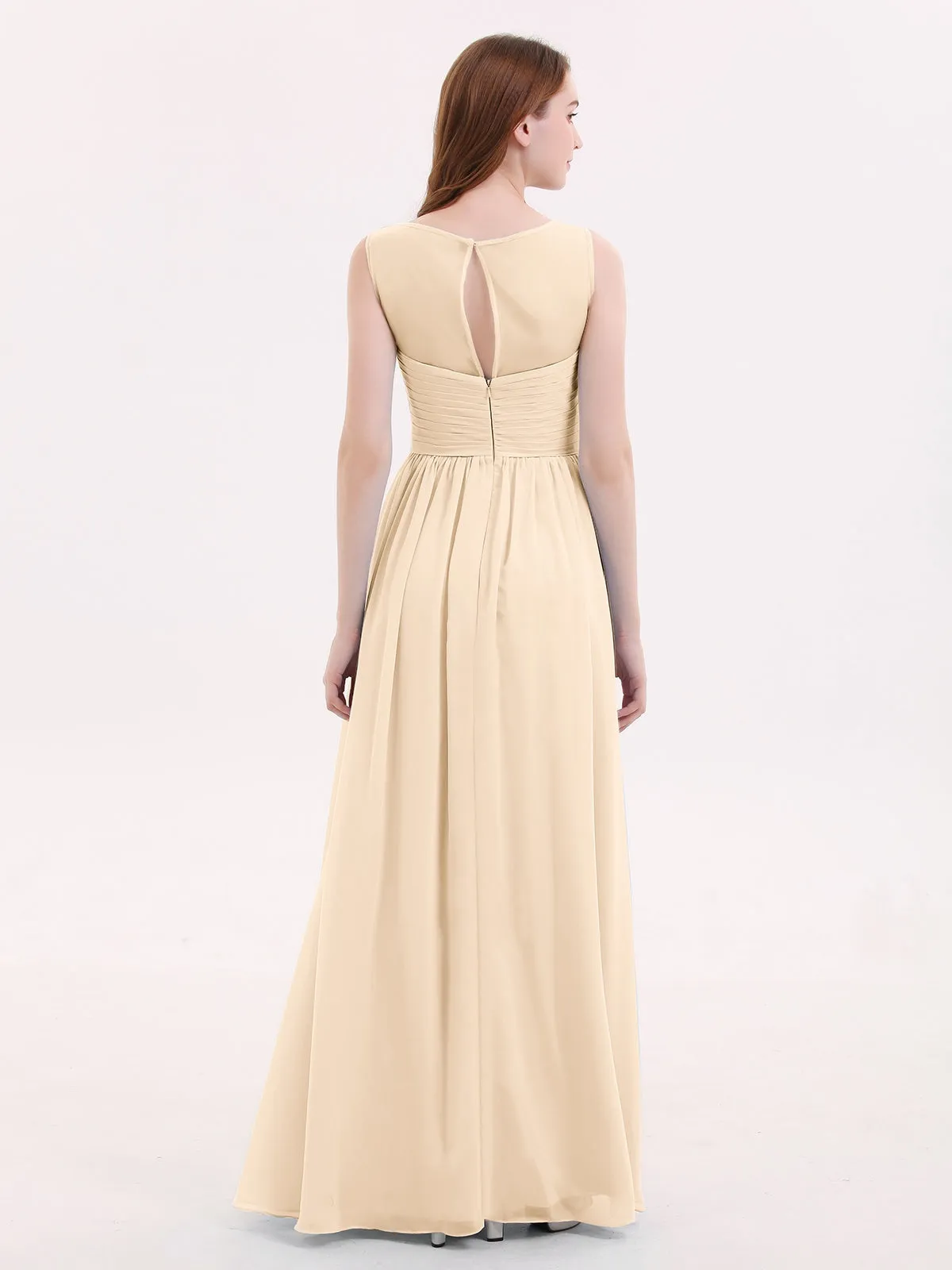 Long Chiffon Gowns with Illusion Neckline-Peach