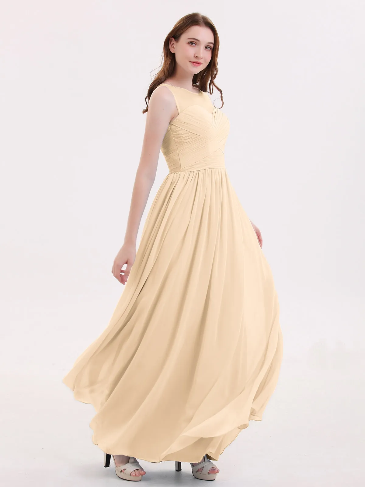Long Chiffon Gowns with Illusion Neckline-Peach