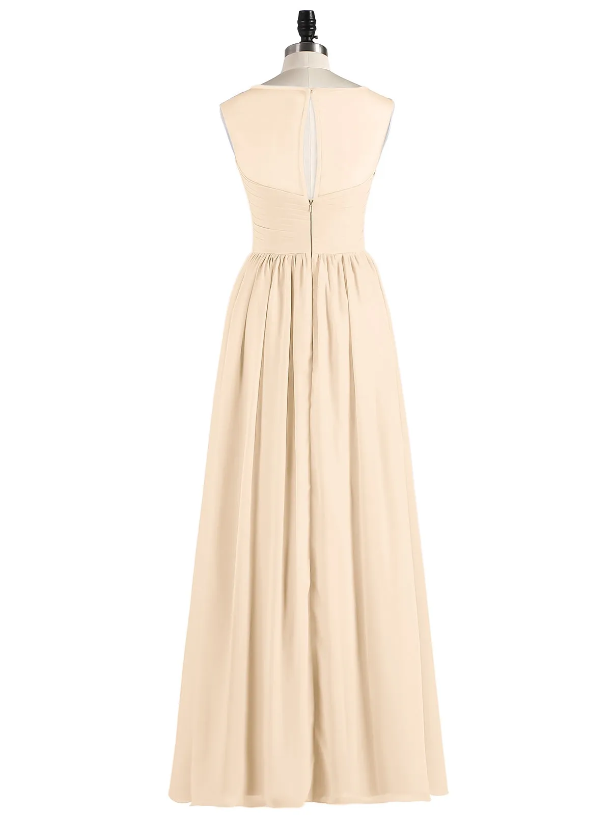 Long Chiffon Gowns with Illusion Neckline-Peach