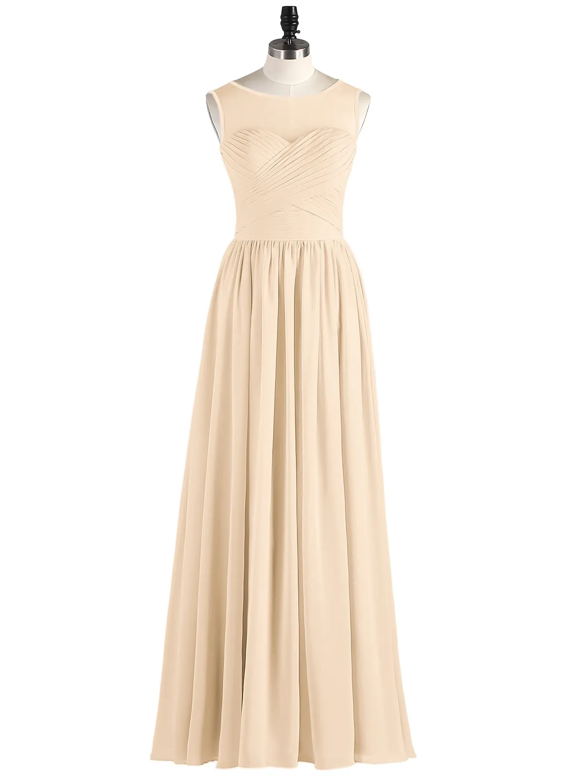 Long Chiffon Gowns with Illusion Neckline-Peach