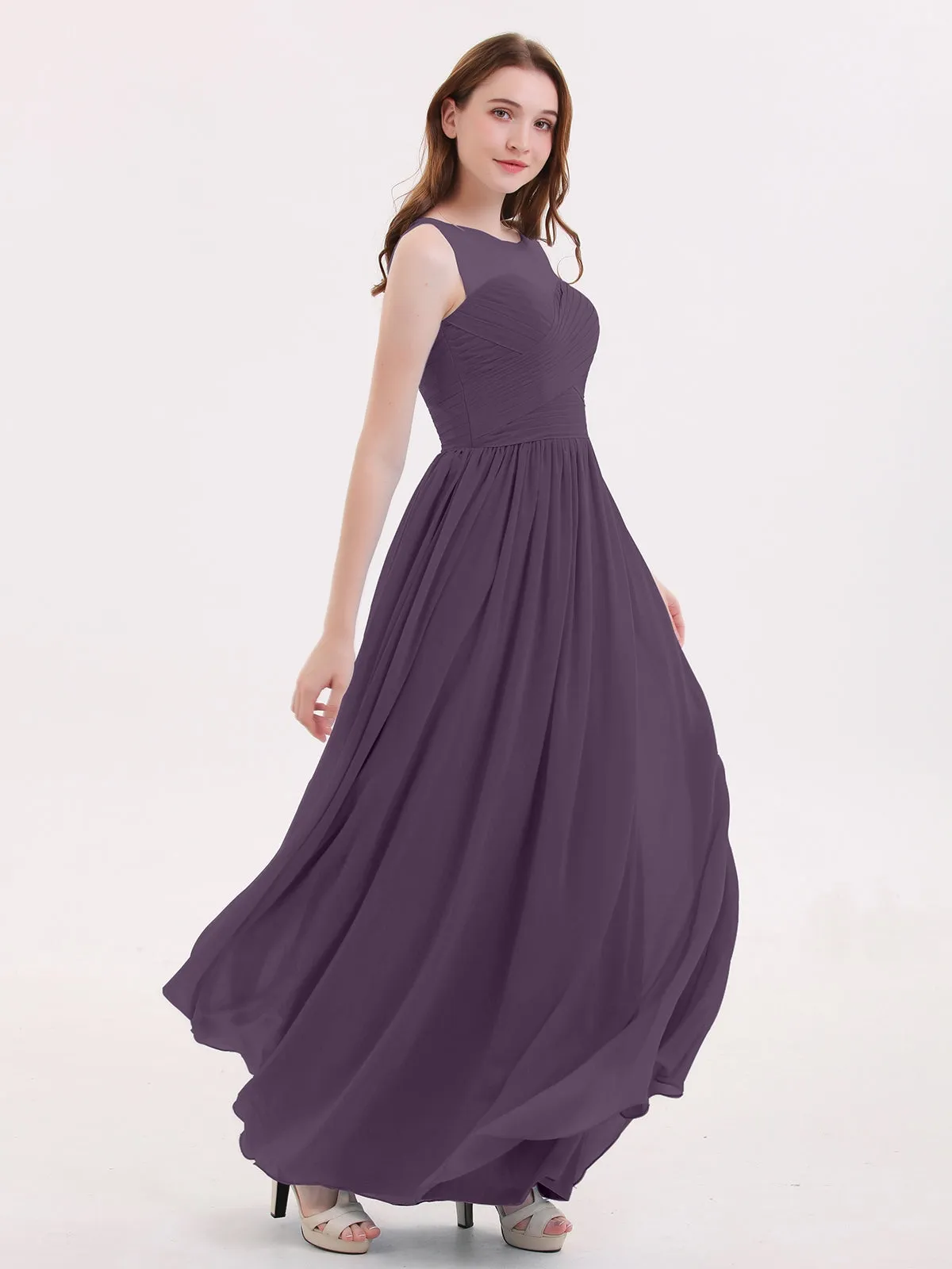 Long Chiffon Gowns with Illusion Neckline-Plum
