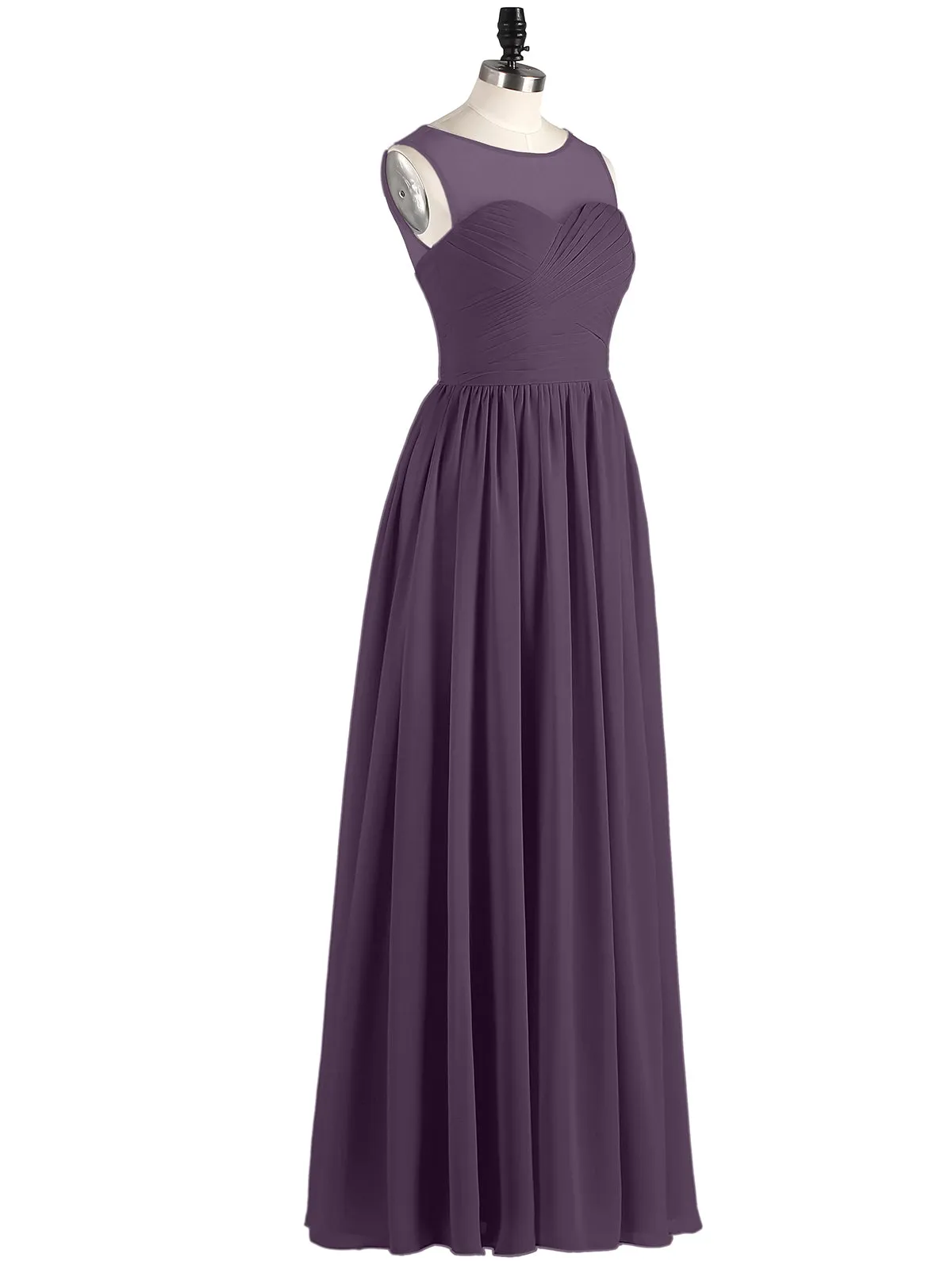 Long Chiffon Gowns with Illusion Neckline-Plum