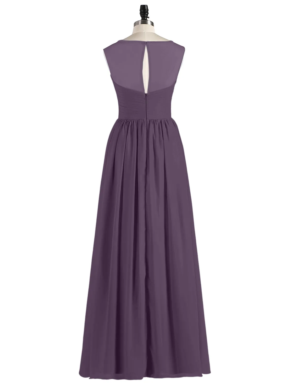 Long Chiffon Gowns with Illusion Neckline-Plum