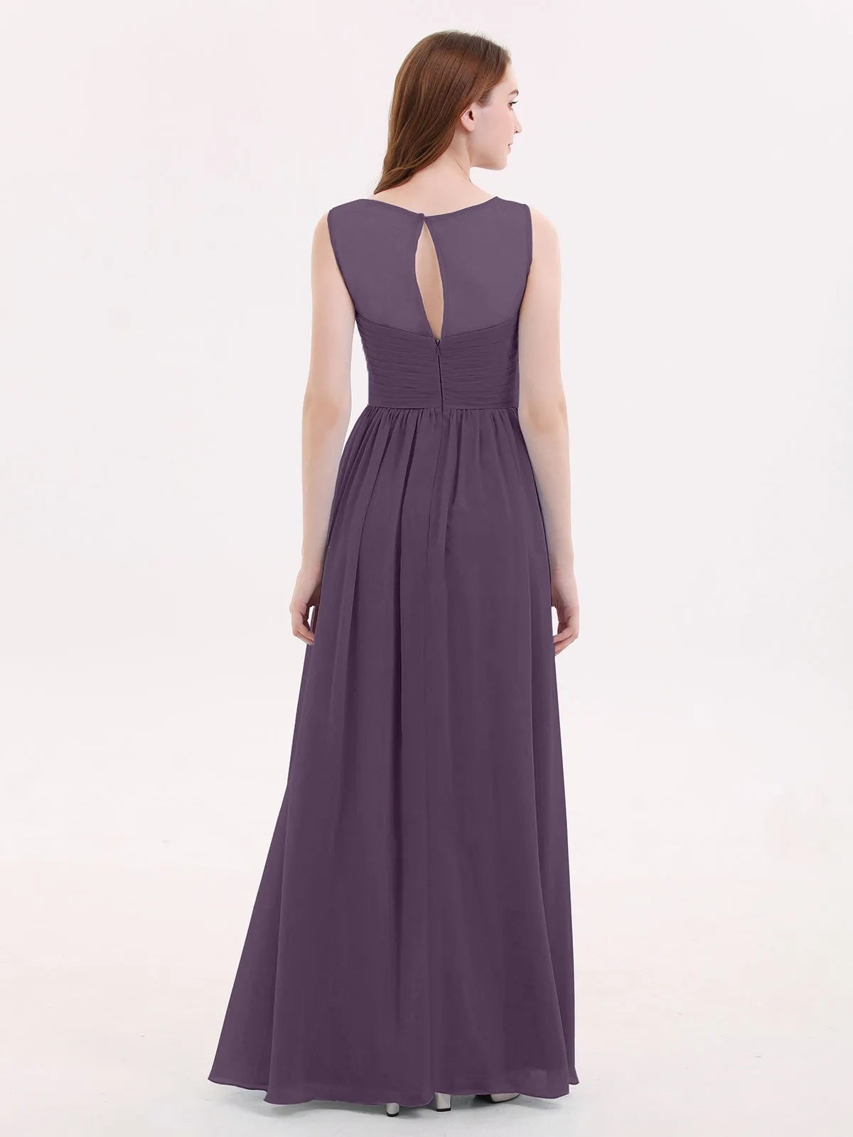Long Chiffon Gowns with Illusion Neckline-Plum