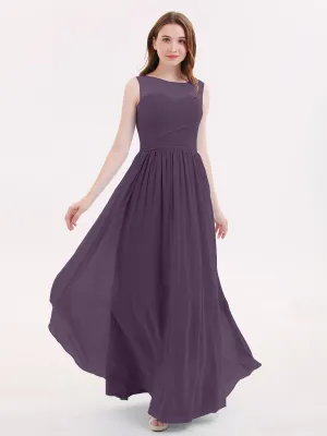 Long Chiffon Gowns with Illusion Neckline-Plum