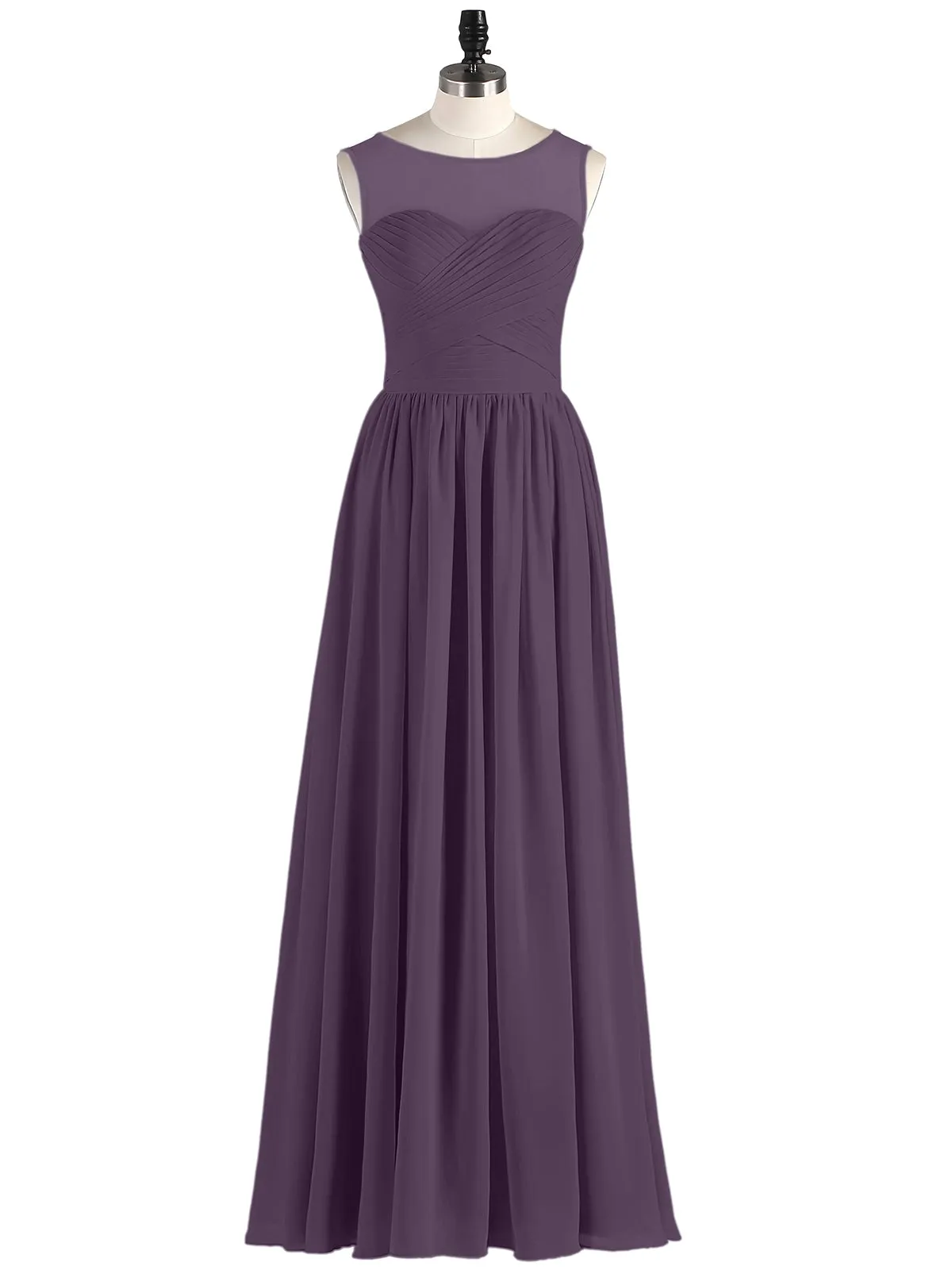 Long Chiffon Gowns with Illusion Neckline-Plum