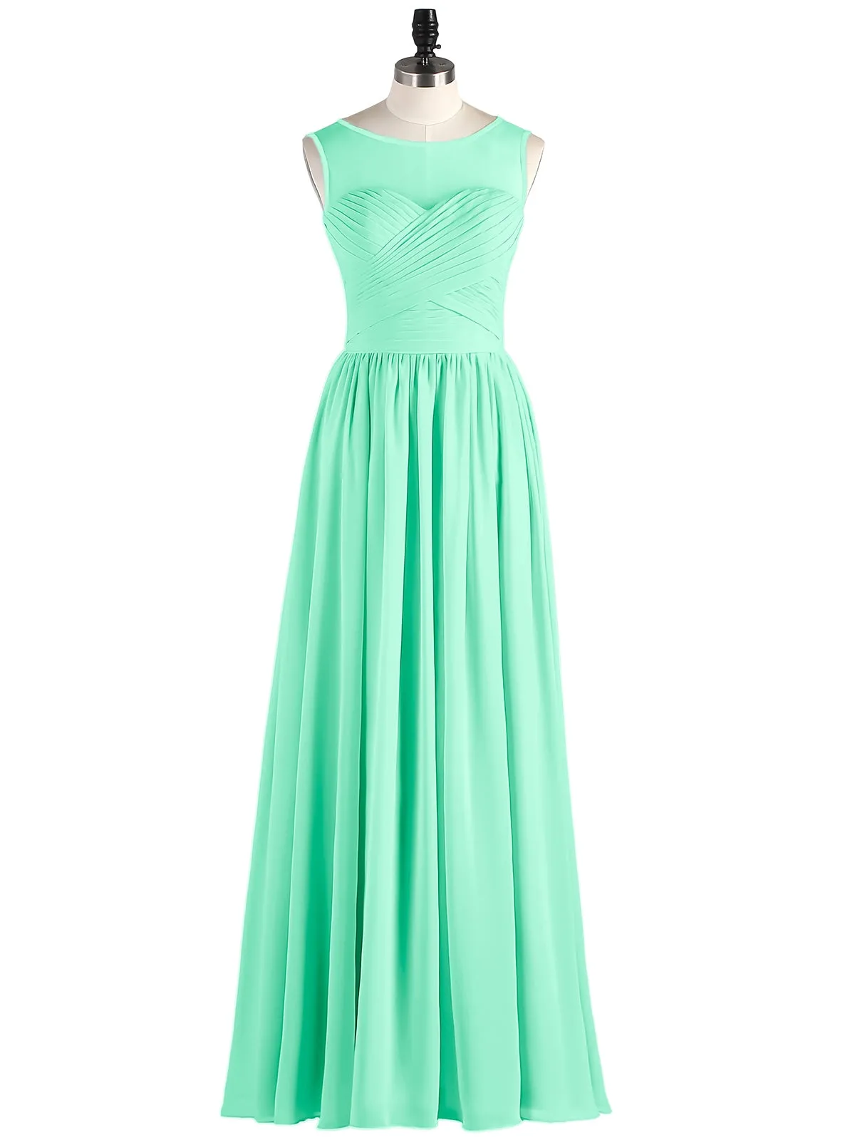Long Chiffon Gowns with Illusion Neckline-Turquoise