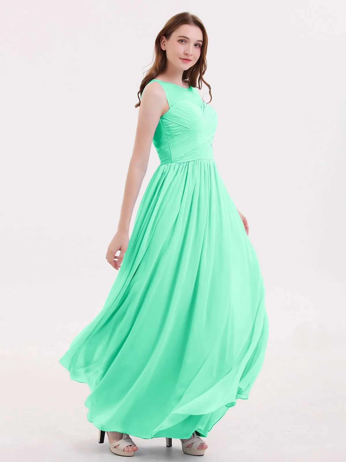 Long Chiffon Gowns with Illusion Neckline-Turquoise