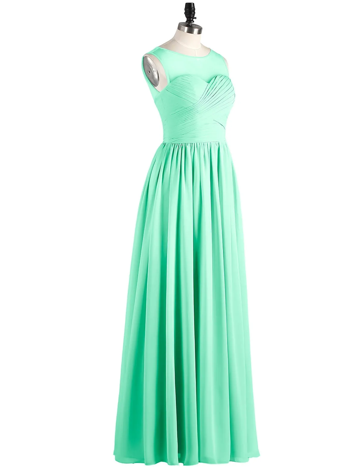 Long Chiffon Gowns with Illusion Neckline-Turquoise