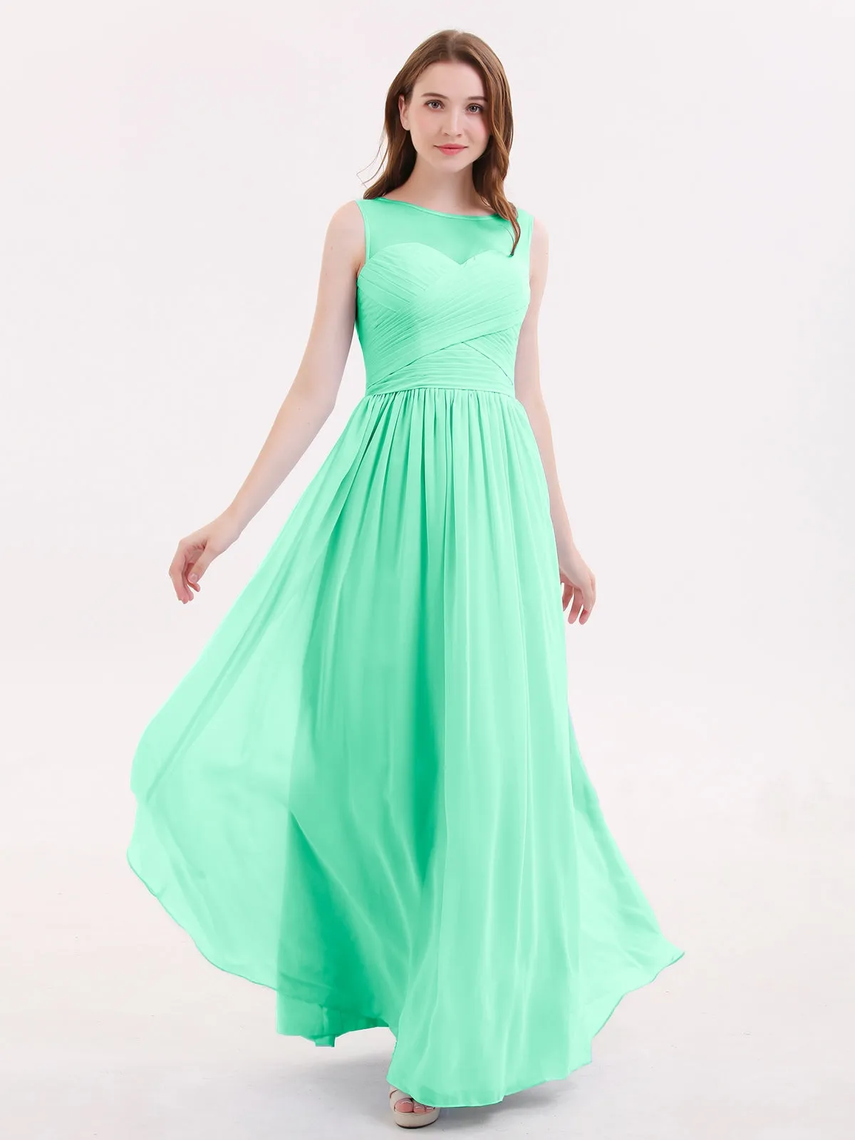 Long Chiffon Gowns with Illusion Neckline-Turquoise