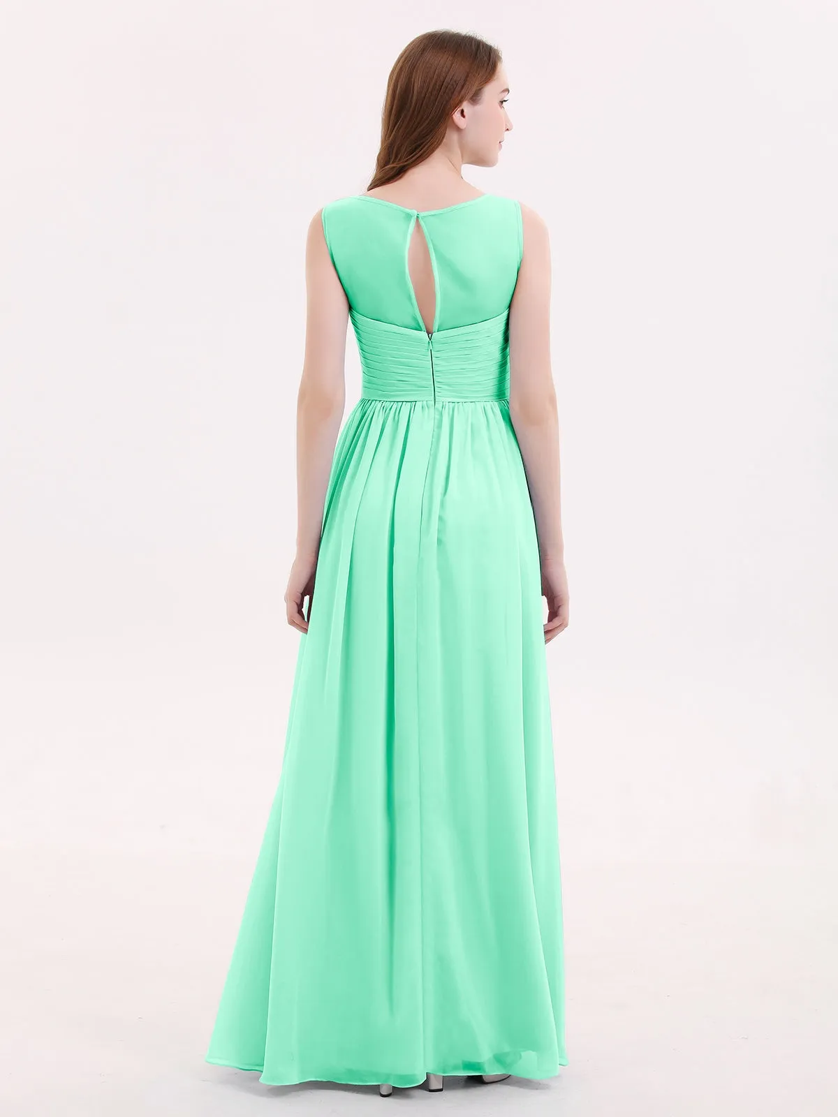 Long Chiffon Gowns with Illusion Neckline-Turquoise