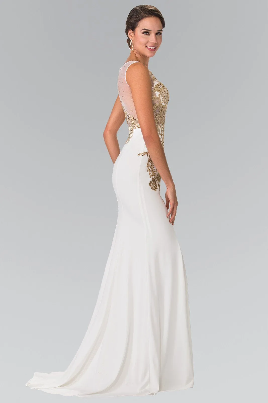 Long Lace Appliqued Dress with Sheer Bodice by Elizabeth K GL2230