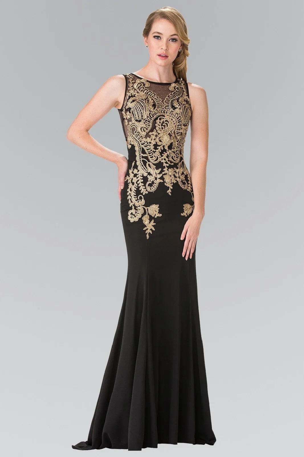 Long Lace Appliqued Dress with Sheer Bodice by Elizabeth K GL2230