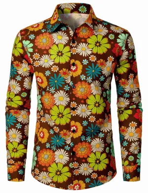 Men's 70s Vintage Floral Cotton Button Up Long Sleeve Shirt
