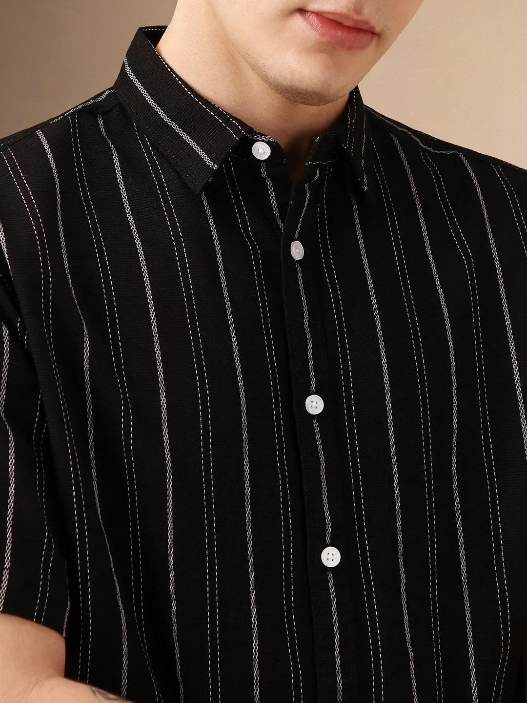 Men's Black Striped Spread Collar Half Sleeves Polycotton Dobby Casual Shirt