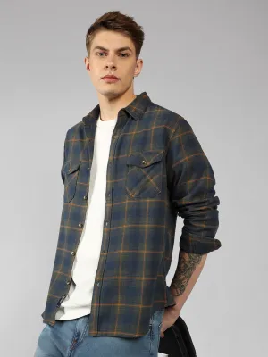 Men's Green Tartan Checks Spread Collar Long Sleeves Relaxed Fit Casual Shirt