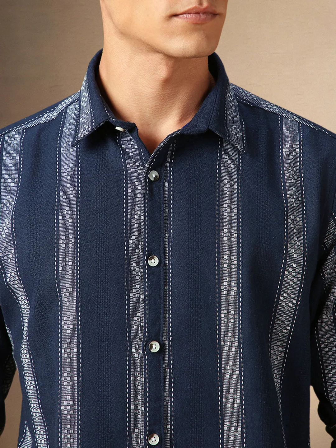 Men's Navy Striped Spread Collar Full Sleeves Casual Shirt