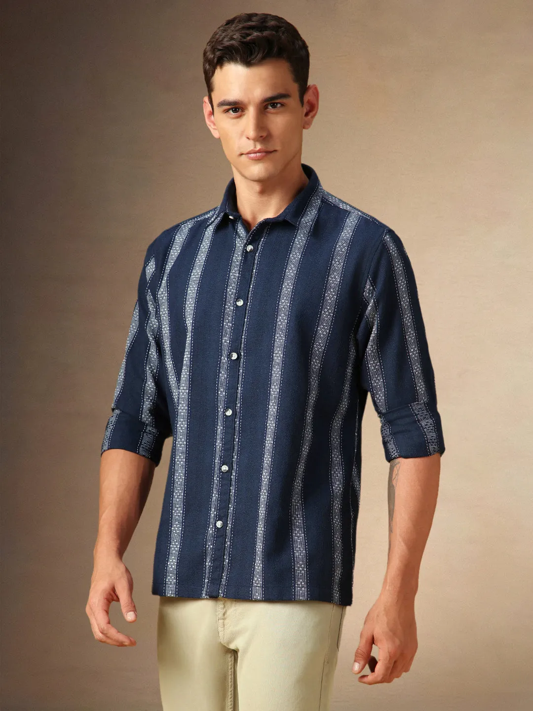 Men's Navy Striped Spread Collar Full Sleeves Casual Shirt