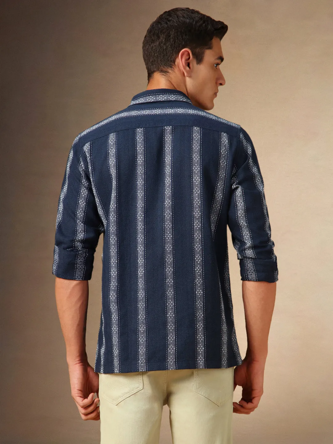 Men's Navy Striped Spread Collar Full Sleeves Casual Shirt