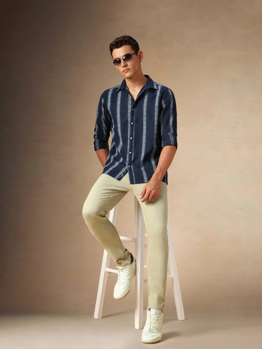 Men's Navy Striped Spread Collar Full Sleeves Casual Shirt