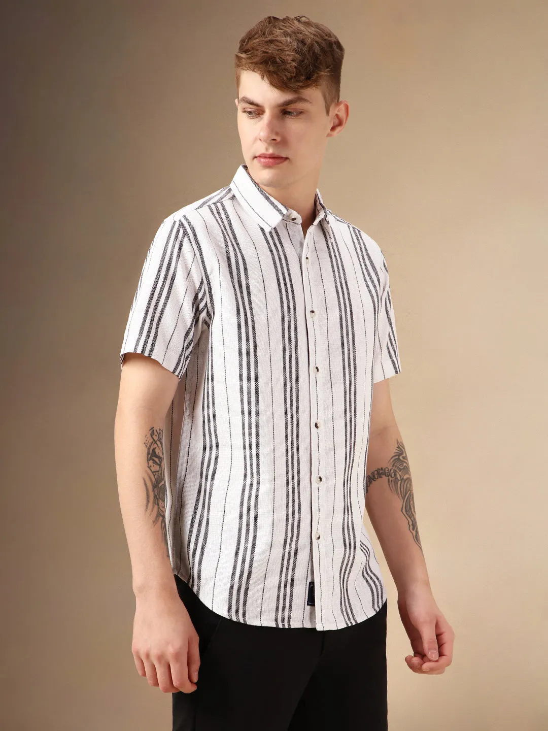 Men's White Striped Spread Collar Half Sleeves Polycotton Casual Shirt