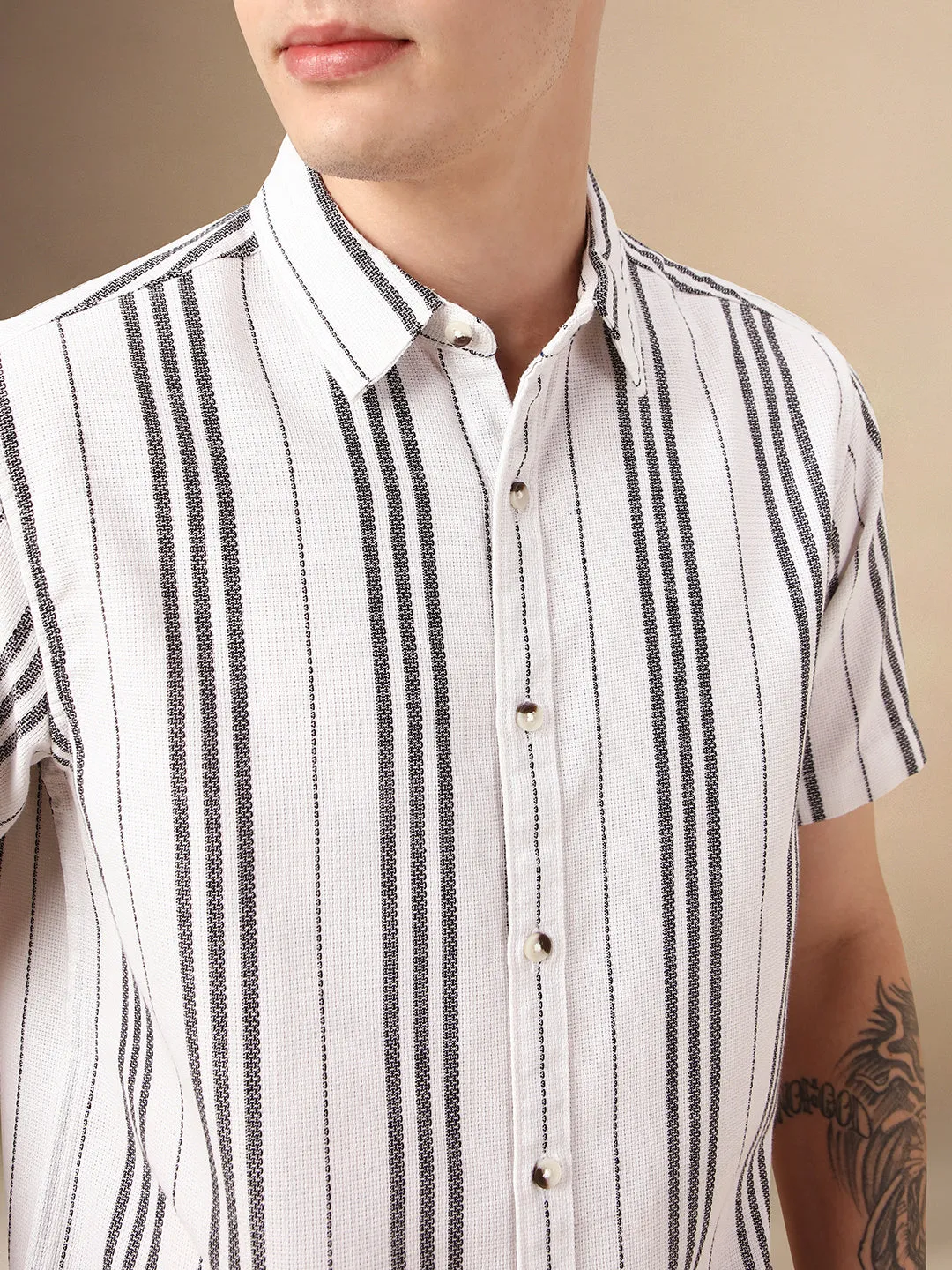 Men's White Striped Spread Collar Half Sleeves Polycotton Casual Shirt