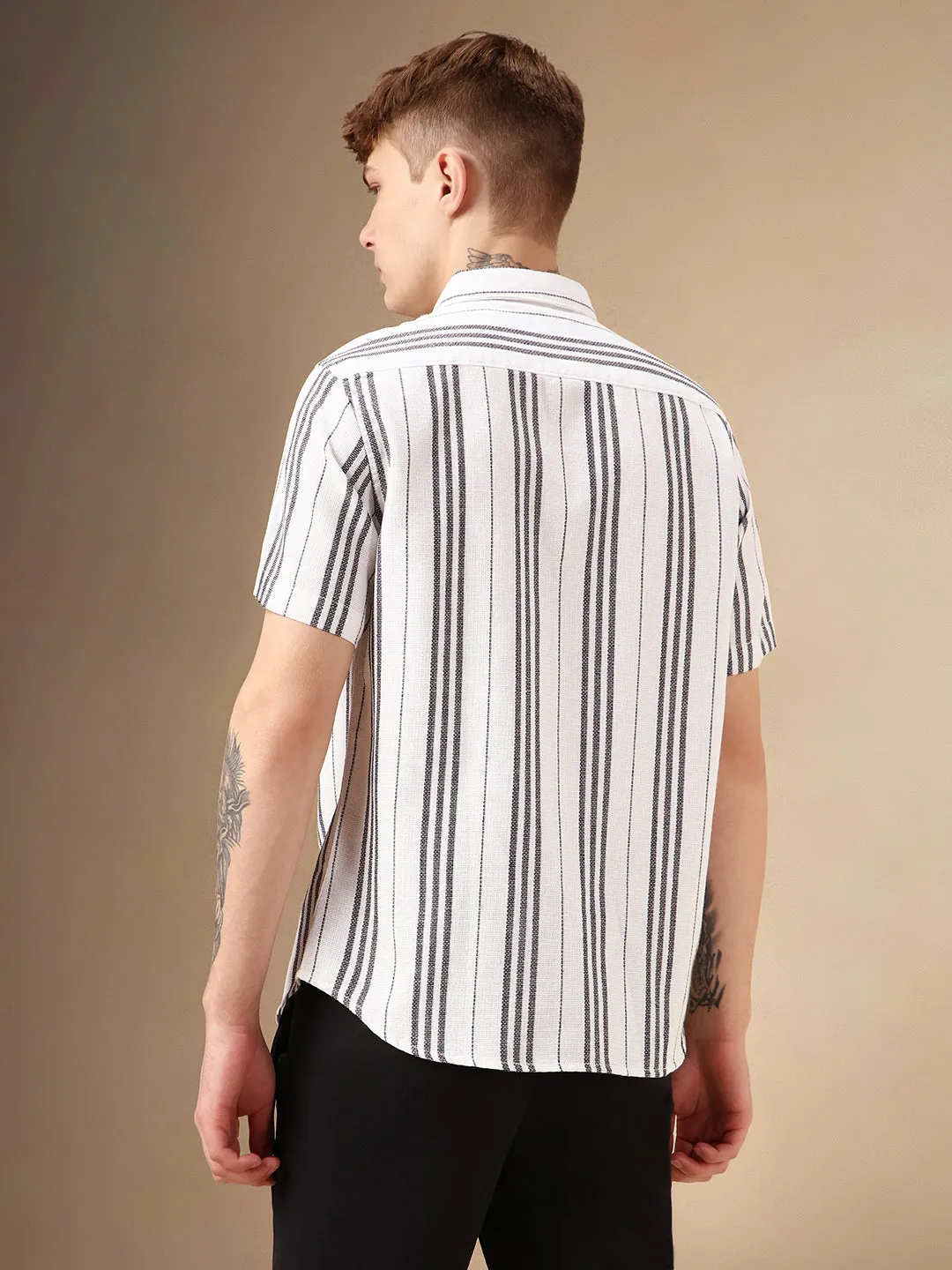 Men's White Striped Spread Collar Half Sleeves Polycotton Casual Shirt