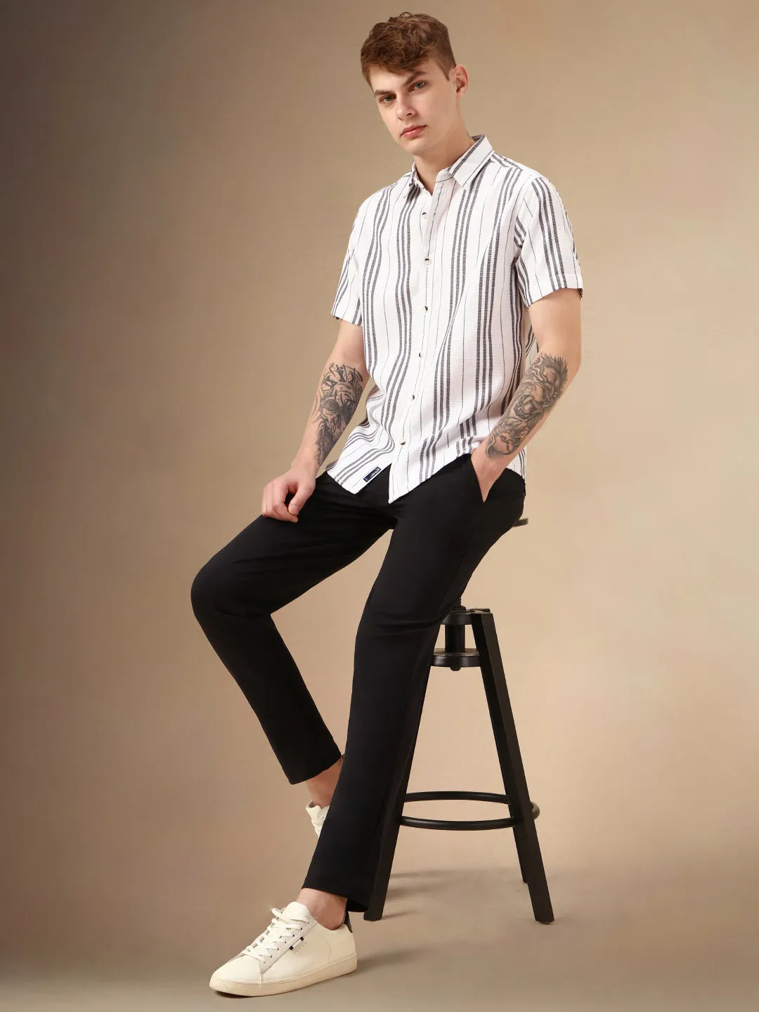 Men's White Striped Spread Collar Half Sleeves Polycotton Casual Shirt