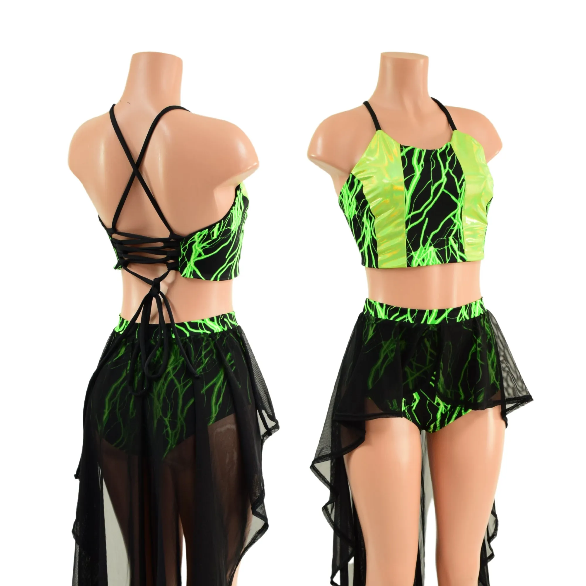 Neon Strappy Back Halter and Siren Shorts with Mesh Hi Lo Attached Skirt