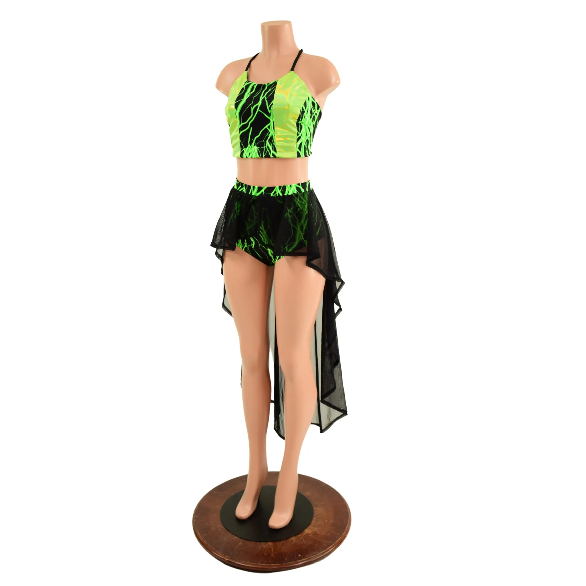 Neon Strappy Back Halter and Siren Shorts with Mesh Hi Lo Attached Skirt