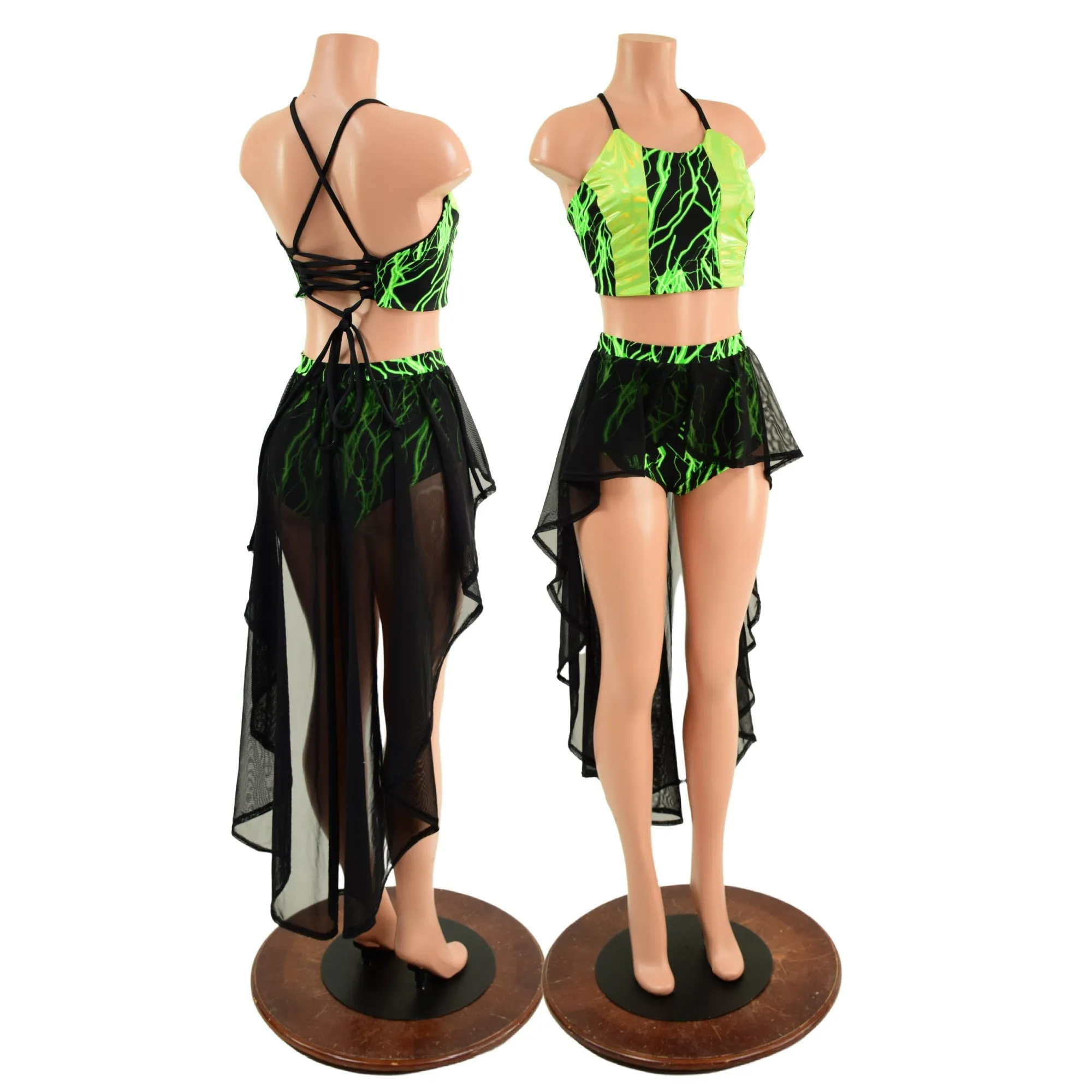 Neon Strappy Back Halter and Siren Shorts with Mesh Hi Lo Attached Skirt